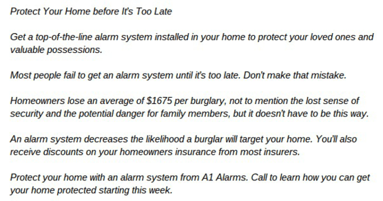 Example of a copy for a home alarm system.