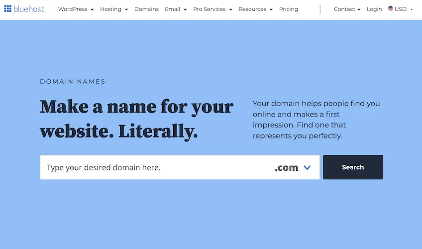 Screenshot of Bluehost's domain name search page