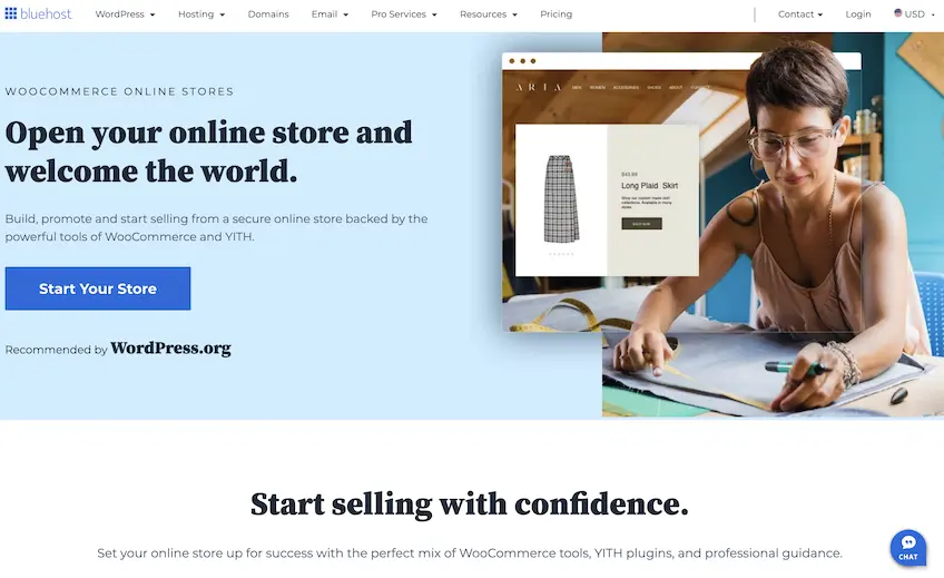 Bluehost's WooCommerce web hosting landing page showing a woman measuring a piece of fabric