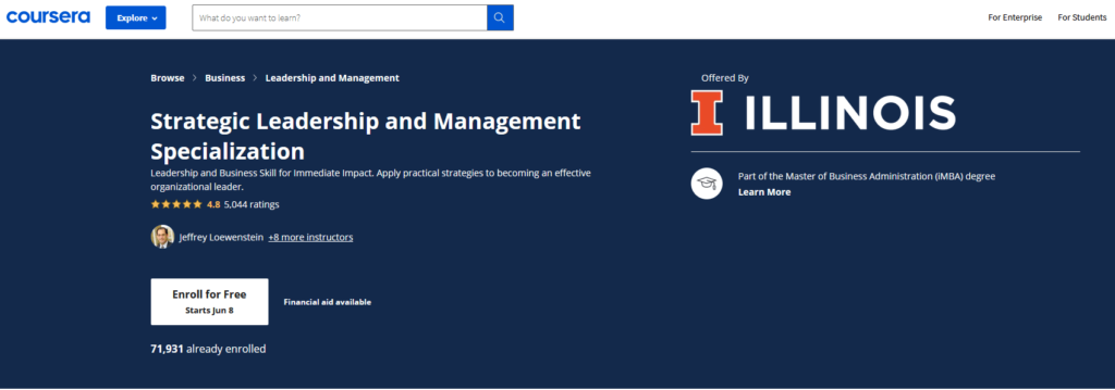Strategic Leadership and Management by Coursera leadership course signup page.