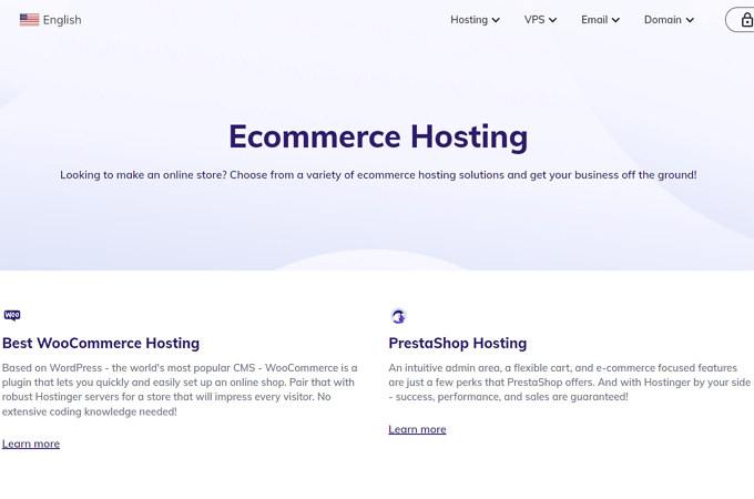 Screenshot of Hostinger web page for Ecommerce Hosting