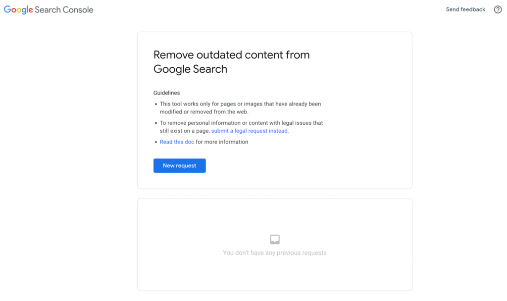 Google search console request page to remove outdated content from Google Search