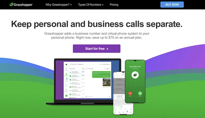 Grasshopper home page, showing calls from a computer and smartphone