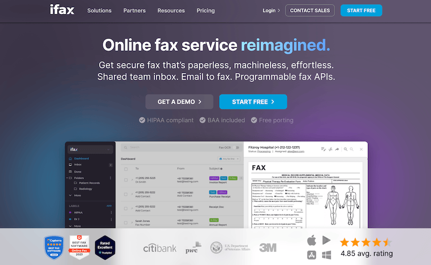 Screenshot of iFax homepage