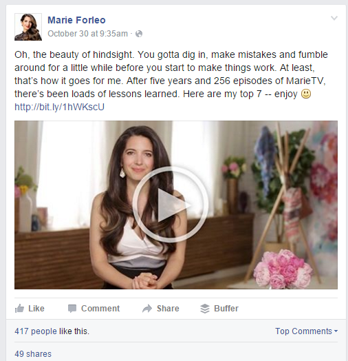 Example of a video post by Marie Forleo on Facebook