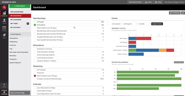 Zen Planner membership management software dashboard example.