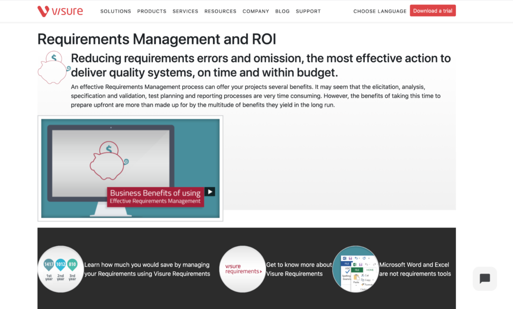 Visure requirements management tool and ROI page.