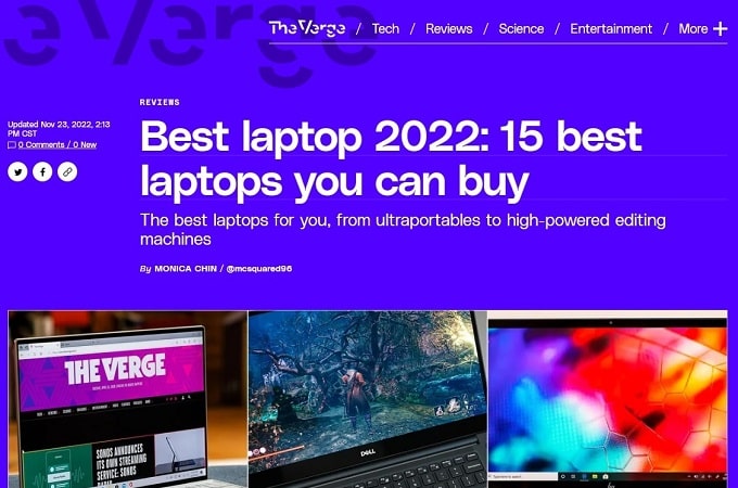 Screenshot of an article from the Verge titled Best laptop 2022: 15 best laptops you can buy