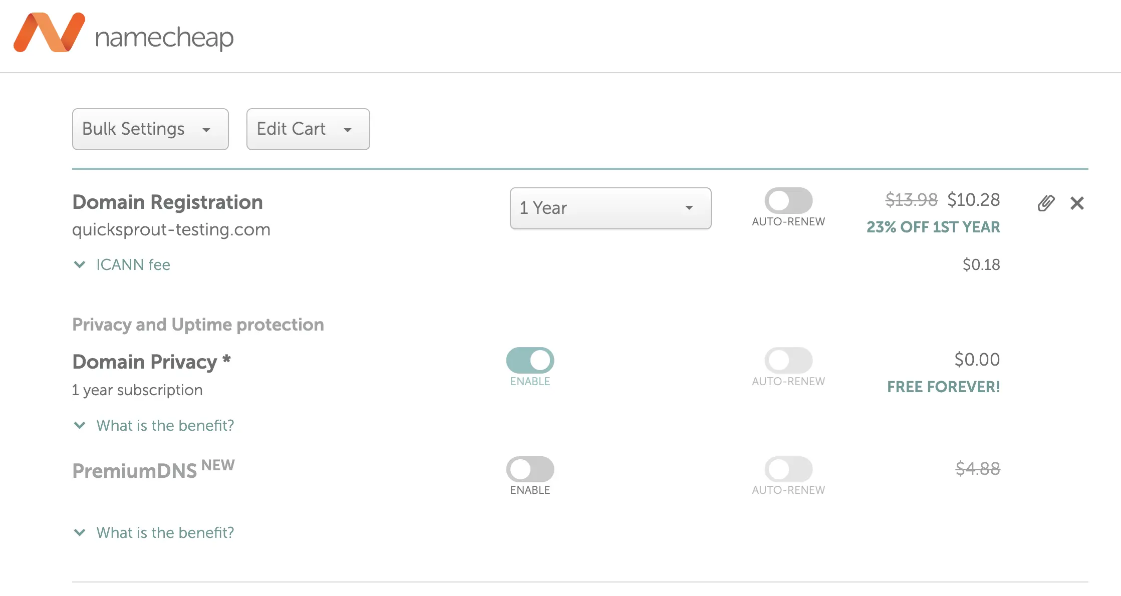 Namecheap final checkout screen with free WhoisGuard