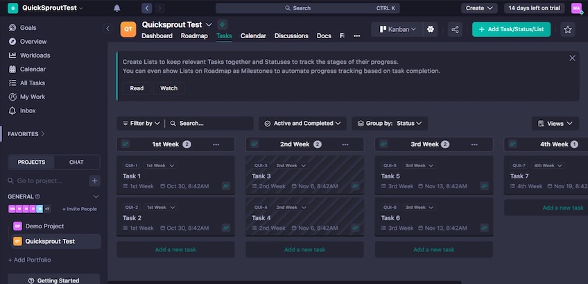 Quick Sprout test project displayed in Nifty tasks page. 