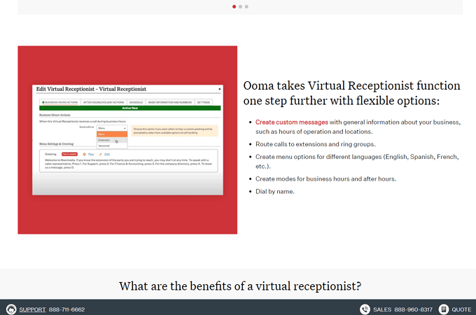 Screenshot of Ooma virtual receptionist webpage describing the flexible options that Ooma offers