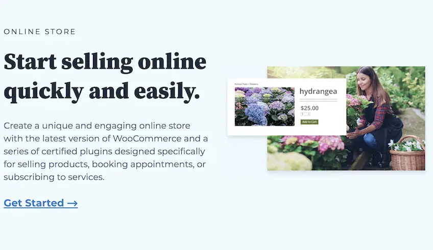 Screenshot of Bluehost's Online Store landing page, highlighted benefits with WooCommerce and an image of a woman planting flowers.