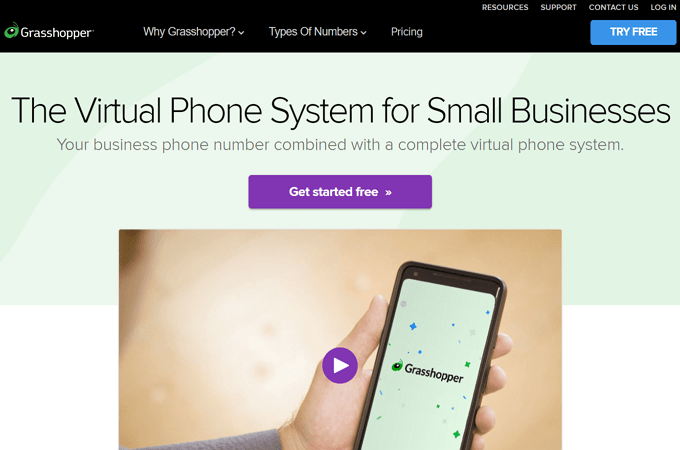 Screenshot of Grasshopper website page with headline that says, "The Virtual Phone System for Small Businesses"