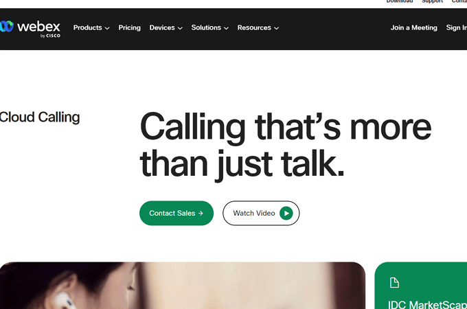 Screenshot of Webex cloud calling page with headline that says, "Calling that's more than just talk."