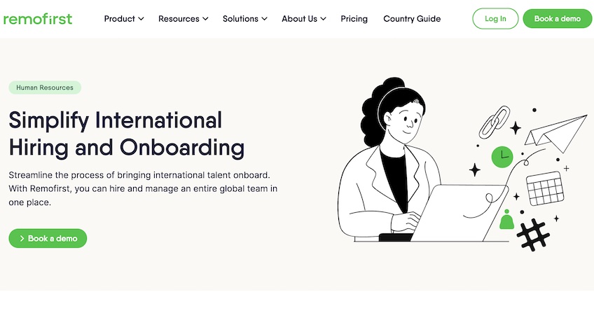 Remofirst’s human resources landing page highlighting international hiring and onboarding with an animated drawing of a woman using a computer. 