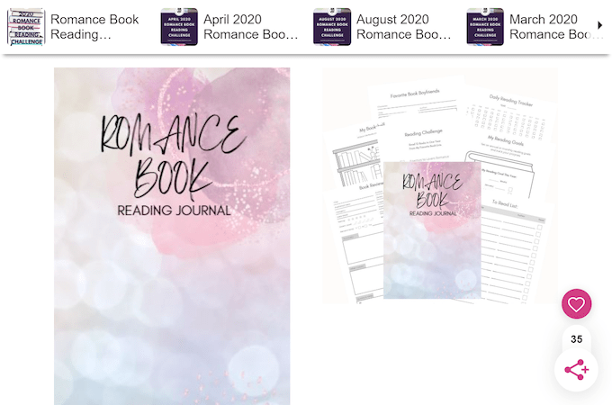 A screenshot of "romance book - reading journal" digital downloads.
