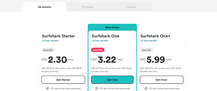 Surfshark VPN VPN service pricing page.