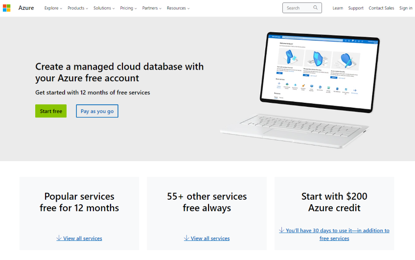 Microsoft Azure SQL homepage