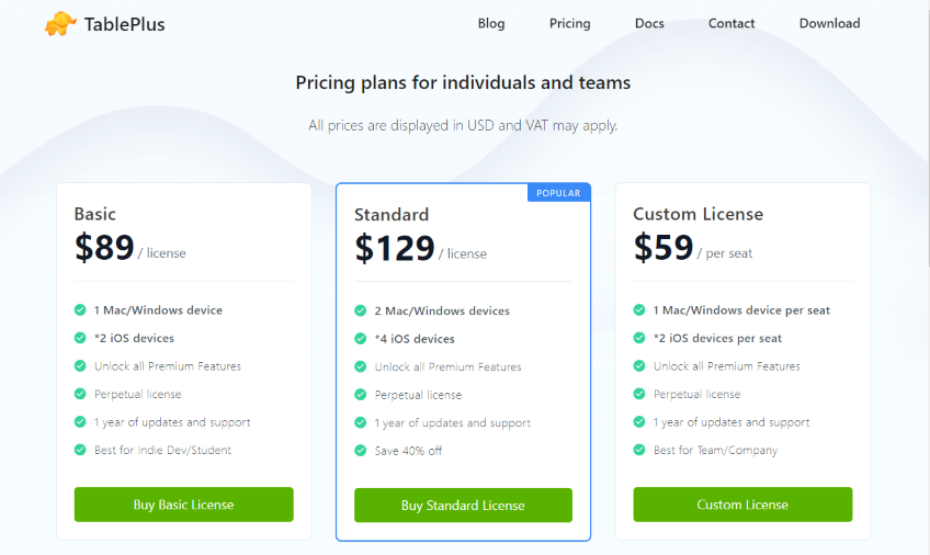 TablePlus pricing page