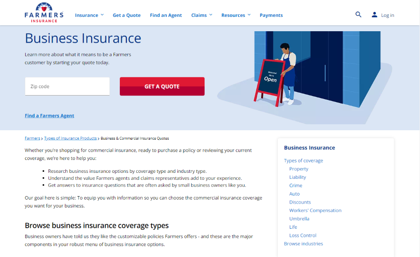Farmers business insurance homepage