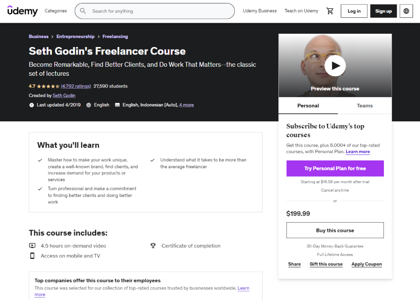 Seth Godin's Freelancer Course page.