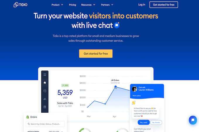 Tidio landing page with a yellow button to get started for free. 