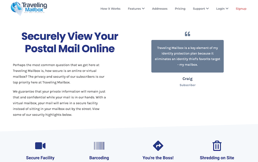 Traveling Mailbox landing page about its security features