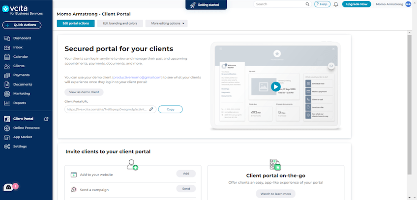 vcita secure client portal dashboard