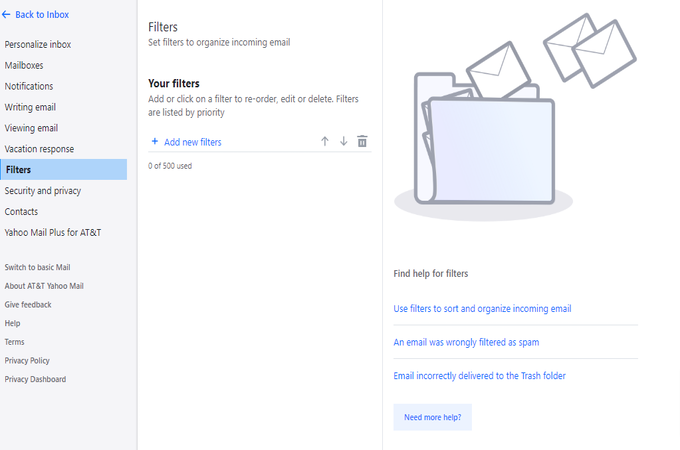 A screenshot of Yahoo Mail inbox filter feature.