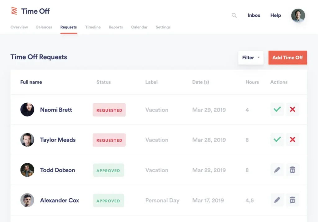Screenshot of Zenefit's time off request feature, showing employees with time off requested and approved
